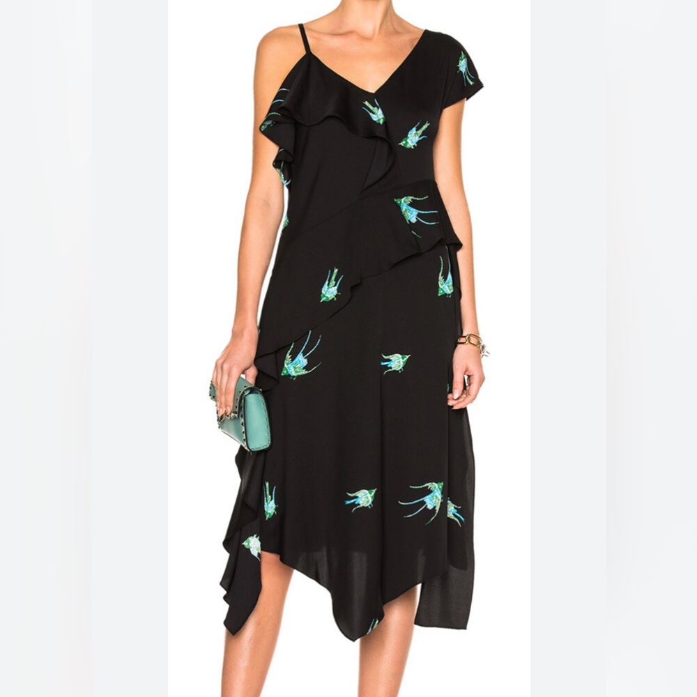 Diane Von Furstenberg Asymmetrical Ruffle Dress, Ceres Blackbird Print, Silk New